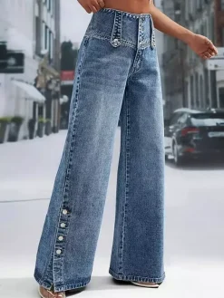 Jeans femme larges sexy en coton décontractés à boutons