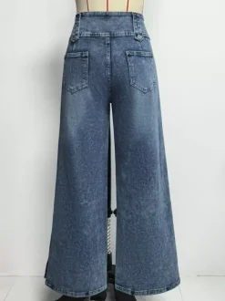 Jean taille haute à jambes larges pour femme - Pantalon en denim bleu moyen vintage à boutons latéraux et coupe décontractée - Style streetwear chic printemps 2026