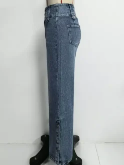 Jean taille haute à jambes larges pour femme - Pantalon en denim bleu moyen vintage à boutons latéraux et coupe décontractée - Style streetwear chic printemps 2026