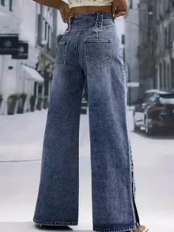 Jean taille haute à jambes larges pour femme - Pantalon en denim bleu moyen vintage à boutons latéraux et coupe décontractée - Style streetwear chic printemps 2026