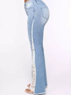 Jean évasé à effet usé et effiloché pour femme - Denim bootcut sexy délavé bleu clair - Tenue de soirée printanière 2026