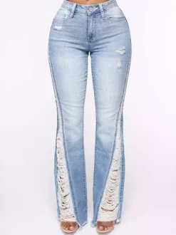 Jean évasé à effet usé et effiloché pour femme - Denim bootcut sexy délavé bleu clair - Tenue de soirée printanière 2026