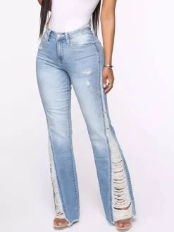 Jean évasé à effet usé et effiloché pour femme - Denim bootcut sexy délavé bleu clair - Tenue de soirée printanière 2026