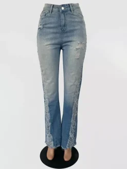 Jean évasé à effet usé et effiloché pour femme - Denim bootcut sexy délavé bleu clair - Tenue de soirée printanière 2026