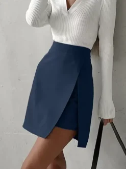 Jupe bleu marine foncé taille haute fendue superposition jupes décontractées d'été
