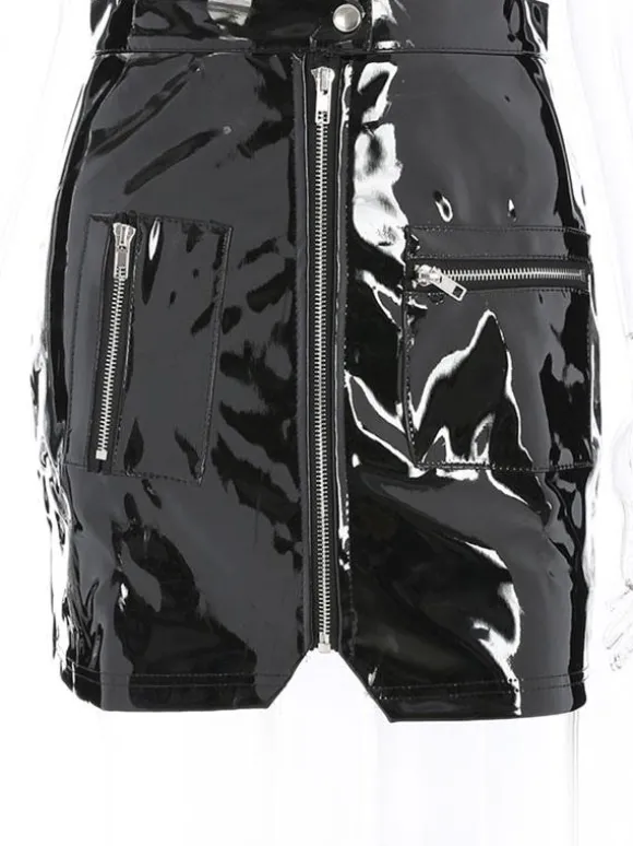 Jupe Courte Moulante Femme en Cuir Synthétique Vernis Sexy Coupe Cintrée à Zip avec Poches Unicolore
