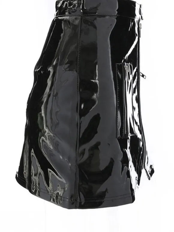 Jupe Courte Moulante Femme en Cuir Synthétique Vernis Sexy Coupe Cintrée à Zip avec Poches Unicolore