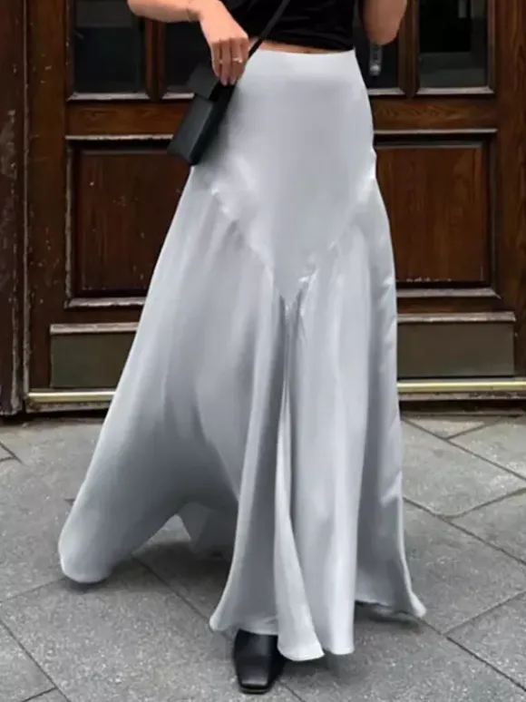Jupe en satin gris avec fente taille haute couleur unie jupe longue d'été trapèze pour femme 2026