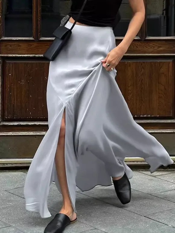 Jupe en satin gris avec fente taille haute couleur unie jupe longue d'été trapèze pour femme 2026