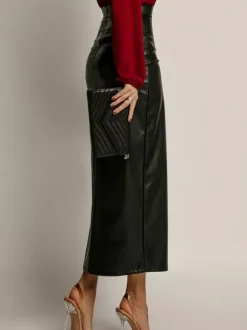 Jupe en similicuir avec fente latérale taille haute couleur unie jupe mi-longue chic en PU pour femme 2026