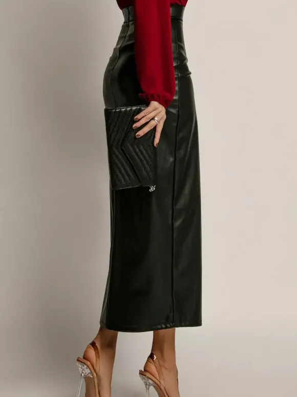 Jupe en similicuir avec fente latérale taille haute couleur unie jupe mi-longue chic en PU pour femme 2026