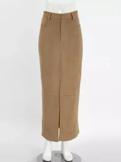 Jupe longue en faux daim pour femme - Chic fendue sur le devant taille haute - Collection streetwear printemps 2026 luxe discret