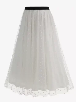 Jupe longue élégante en tulle à motif c艙ur pour femme - Jupe longue trapèze taille haute en maille vaporeuse - Tenue de soirée printemps-été 2026