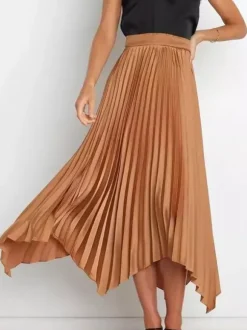 Jupe Longue Plissé Marron Irrégulière Taille Haute Polyester Bas Pour Femmes