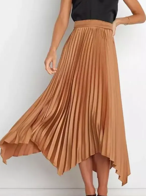 Jupe Longue Plissé Marron Irrégulière Taille Haute Polyester Bas Pour Femmes