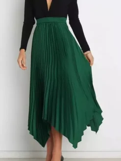 Jupe Longue Plissé Marron Irrégulière Taille Haute Polyester Bas Pour Femmes