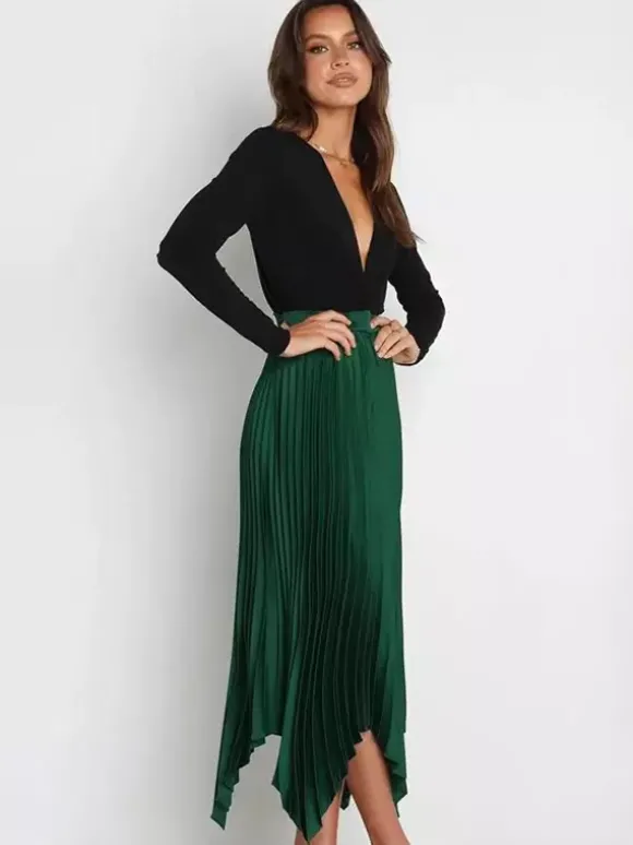Jupe Longue Plissé Marron Irrégulière Taille Haute Polyester Bas Pour Femmes