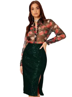 Jupe midi moulante à sequins taille haute pour femme fente avant jupe crayon de soirée