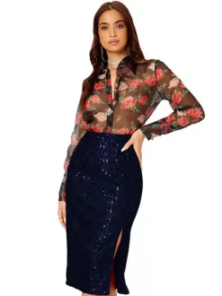 Jupe midi moulante à sequins taille haute pour femme fente avant jupe crayon de soirée