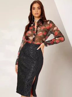 Jupe midi moulante à sequins taille haute pour femme fente avant jupe crayon de soirée