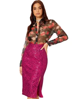 Jupe midi moulante à sequins taille haute pour femme fente avant jupe crayon de soirée