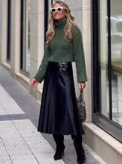 Jupe midi plissée vintage noire en similicuir avec double boucle pour femme 2026