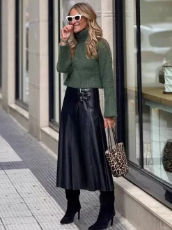 Jupe midi plissée vintage noire en similicuir avec double boucle pour femme 2026
