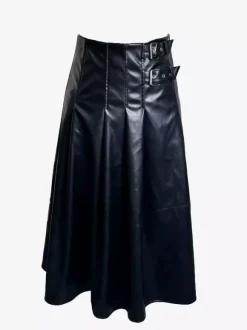 Jupe midi plissée vintage noire en similicuir avec double boucle pour femme 2026