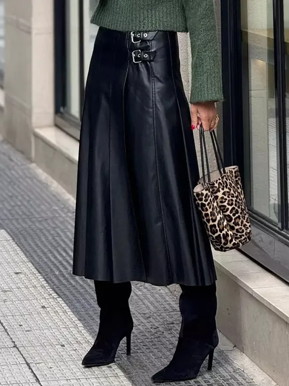 Jupe midi plissée vintage noire en similicuir avec double boucle pour femme 2026