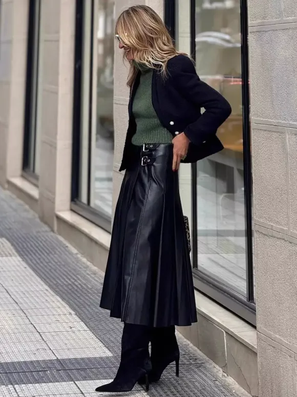 Jupe midi plissée vintage noire en similicuir avec double boucle pour femme 2026