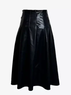 Jupe midi plissée vintage noire en similicuir avec double boucle pour femme 2026