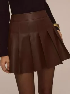 Jupe mini plissée taille haute en similicuir chocolat pour femme 2026