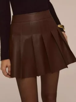 Jupe mini plissée taille haute en similicuir chocolat pour femme 2026