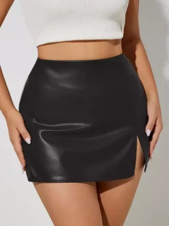 Jupe moulante mini en similicuir taille haute avec fente latérale pour femme 2026