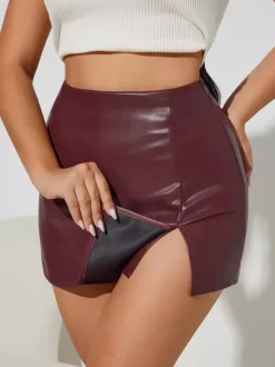 Jupe moulante mini en similicuir taille haute avec fente latérale pour femme 2026