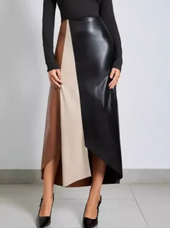 Jupe en similicuir taille haute et fente asymétrique pour femme 2026