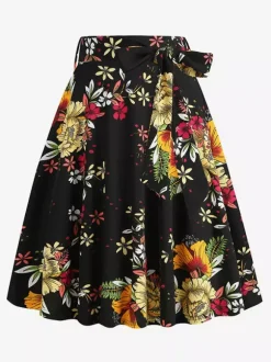 Jupe imprimée vintage années 50 pour femme - Jupe midi trapèze taille haute rétro avec ceinture - Idéale pour une soirée tropicale d'été 2026