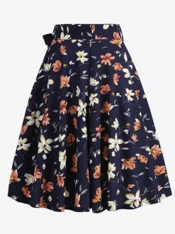 Jupe imprimée vintage années 50 pour femme - Jupe midi trapèze taille haute rétro avec ceinture - Idéale pour une soirée tropicale d'été 2026
