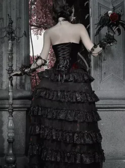 Jupe Lolita gothique noire et rouge SK à volants et taille haute avec traîne spectaculaire