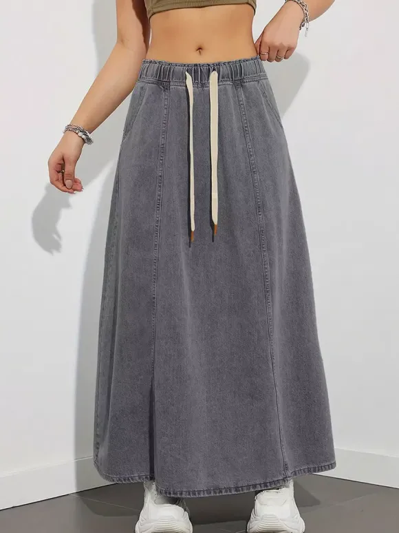Jupe longue en jean à taille élastiquée avec cordon de serrage pour femme - Jupe longue évasée coupe trapèze décontractée avec poches - Collection printemps 2026