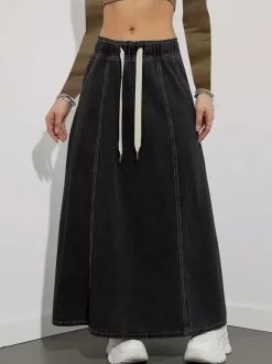 Jupe longue en jean à taille élastiquée avec cordon de serrage pour femme - Jupe longue évasée coupe trapèze décontractée avec poches - Collection printemps 2026