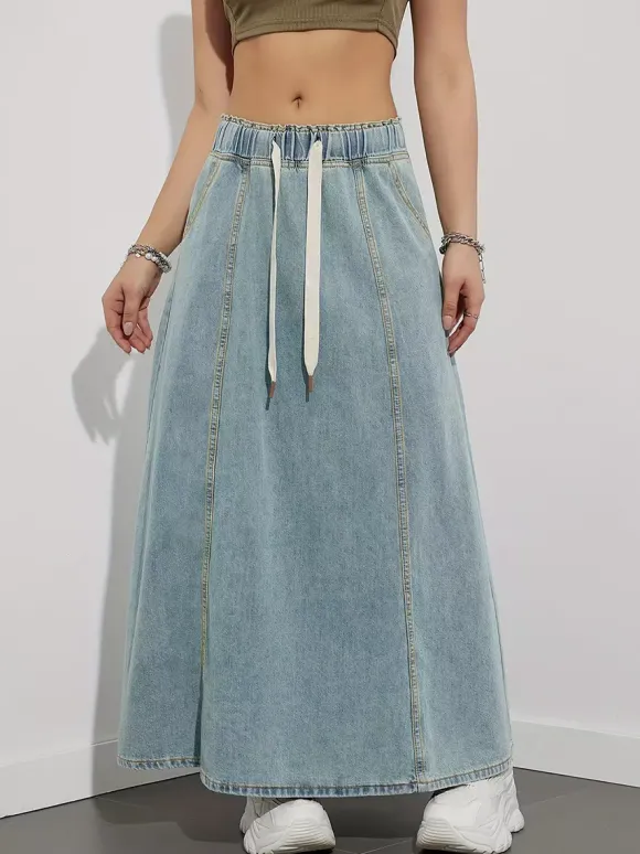 Jupe longue en jean à taille élastiquée avec cordon de serrage pour femme - Jupe longue évasée coupe trapèze décontractée avec poches - Collection printemps 2026