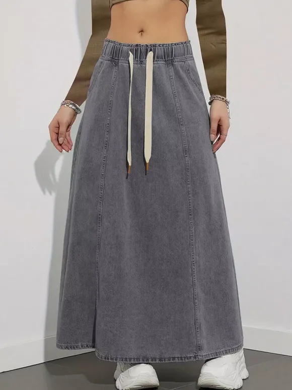 Jupe longue en jean à taille élastiquée avec cordon de serrage pour femme - Jupe longue évasée coupe trapèze décontractée avec poches - Collection printemps 2026