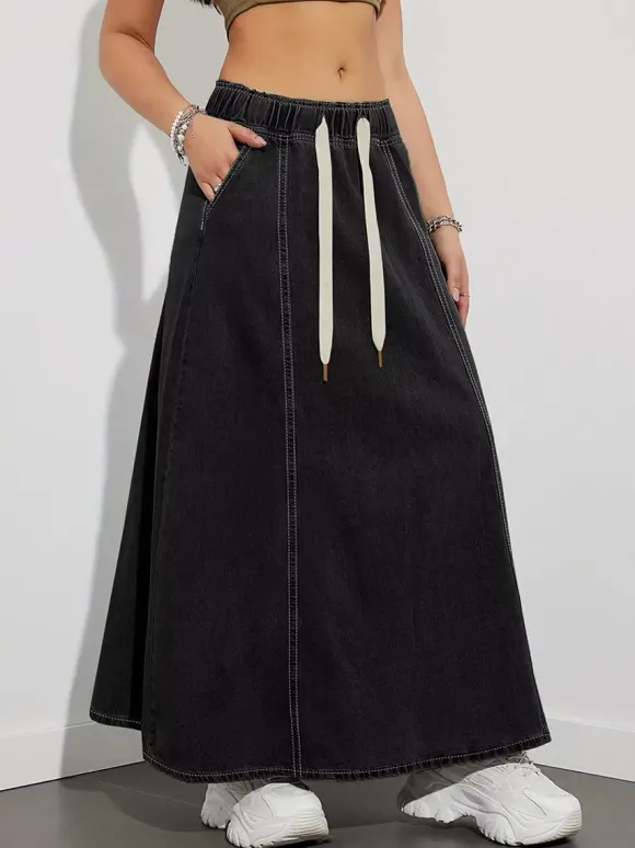 Jupe longue en jean à taille élastiquée avec cordon de serrage pour femme - Jupe longue évasée coupe trapèze décontractée avec poches - Collection printemps 2026