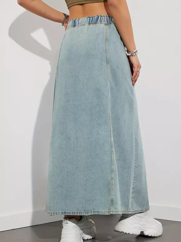 Jupe longue en jean à taille élastiquée avec cordon de serrage pour femme - Jupe longue évasée coupe trapèze décontractée avec poches - Collection printemps 2026