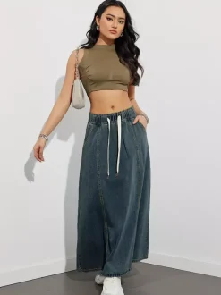 Jupe longue en jean à taille élastiquée avec cordon de serrage pour femme - Jupe longue évasée coupe trapèze décontractée avec poches - Collection printemps 2026
