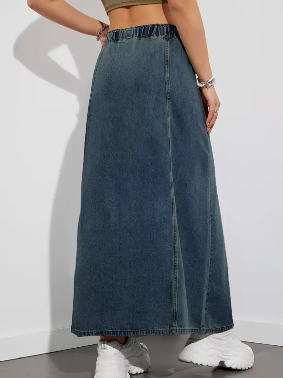 Jupe longue en jean à taille élastiquée avec cordon de serrage pour femme - Jupe longue évasée coupe trapèze décontractée avec poches - Collection printemps 2026