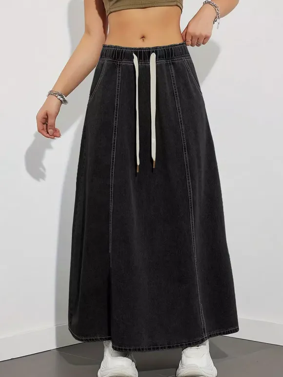 Jupe longue en jean à taille élastiquée avec cordon de serrage pour femme - Jupe longue évasée coupe trapèze décontractée avec poches - Collection printemps 2026