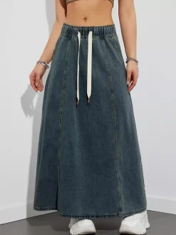 Jupe longue en jean à taille élastiquée avec cordon de serrage pour femme - Jupe longue évasée coupe trapèze décontractée avec poches - Collection printemps 2026