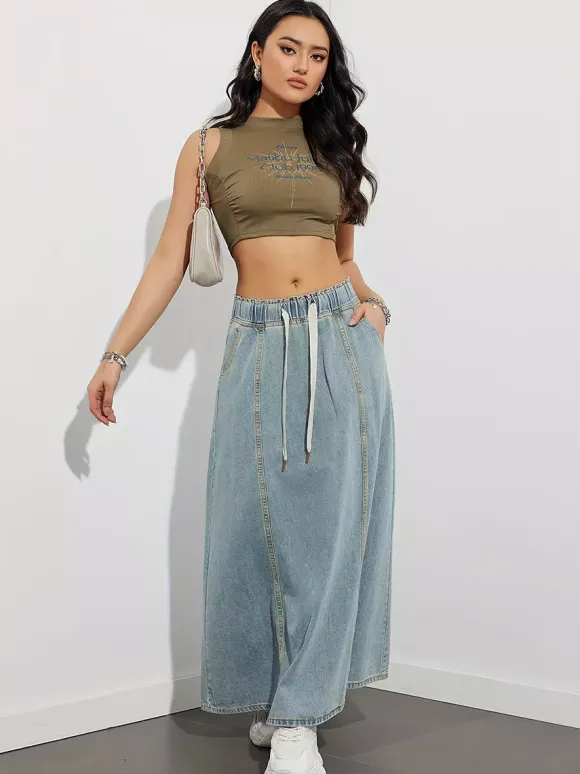 Jupe longue en jean à taille élastiquée avec cordon de serrage pour femme - Jupe longue évasée coupe trapèze décontractée avec poches - Collection printemps 2026